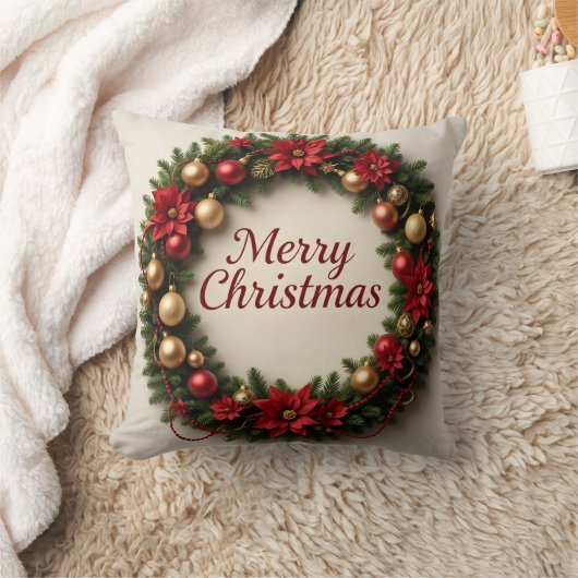 Festive Christmas Wreath Throw Pillow クッション (ブランケット)