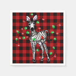 Festive Christmas Zebra, xmas wreath, red plaid スタンダードカクテルナプキン