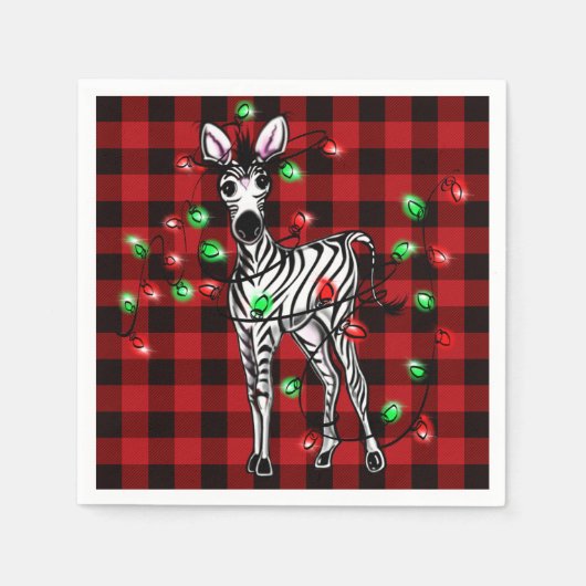 Festive Christmas Zebra, xmas wreath, red plaid スタンダードカクテルナプキン (正面)