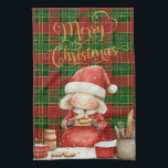 Festive Classic Red Green Gold Tartan Mrs Claus  キッチンタオル<br><div class="desc">Classic red,  green,  gold tartan Merry Christmas kitchen towel,  with a Mrs. Claus design.  (c) The Happy Cat Studio</div>