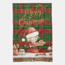 Festive Classic Red Green Gold Tartan Mrs Claus  キッチンタオル
