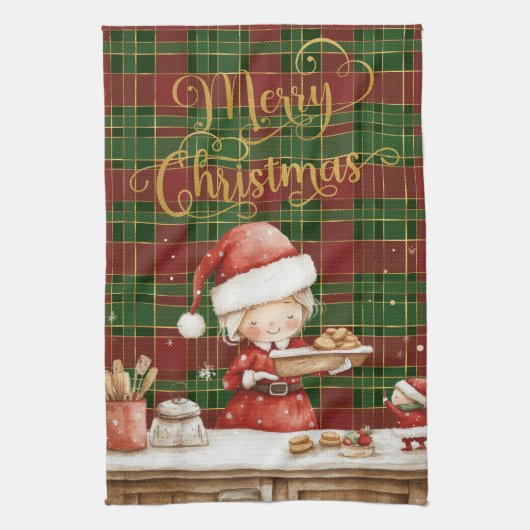 Festive Classic Red Green Gold Tartan Mrs Claus  キッチンタオル (縦)
