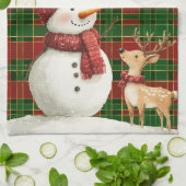 Festive Classic Red Green Gold Tartan Snowman キッチンタオル (折り畳み)