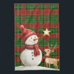 Festive Classic Red Green Gold Tartan Snowman キッチンタオル<br><div class="desc">Classic red,  green,  gold tartan Christmas kitchen towel,  with a snowman and reindeer design.  (c) The Happy Cat Studio</div>