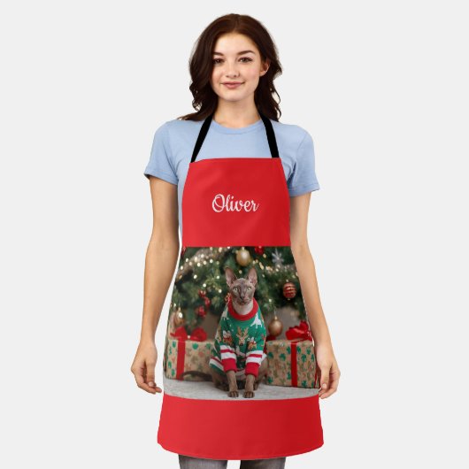  Festive Cornish Rex Cat Christmas Personalized  エプロン (着用した状態)