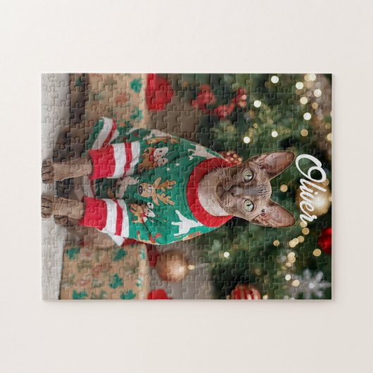 Festive Cornish Rex Cat Christmas Personalized ジグソーパズル (横)