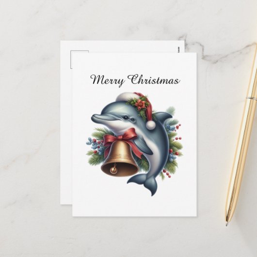 Festive customizable dolphin Merry Christmas シーズンポストカード (正面/裏面インサイチュ)