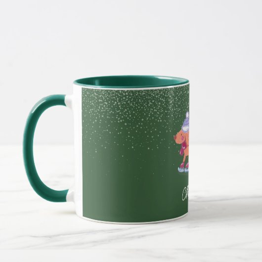Festive Dachshund Dog Ice Skating Green Name Mug マグカップ (左)