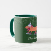 Festive Dachshund Dog Ice Skating Green Name Mug マグカップ (正面左)