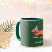 Festive Dachshund Dog Ice Skating Green Name Mug マグカップ
