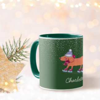 Festive Dachshund Dog Ice Skating Green Name Mug マグカップ