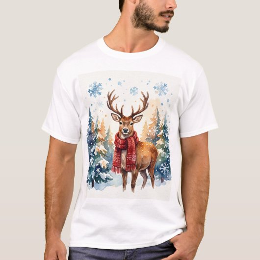 Festive Deer in Snowy Forest Tシャツ (正面)
