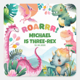 Festive Dinosaur Dig Prehistoric Kids 3rd Birthday スクエアシール