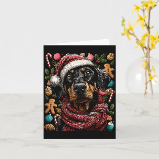 Festive Doberman With Santa Hat Snowy Winter Chris カード (黄色い花)