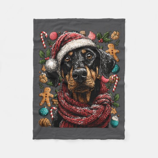 Festive Doberman With Santa Hat Snowy Winter Chris フリースブランケット (正面)