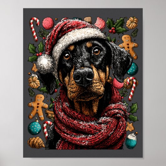 Festive Doberman With Santa Hat Snowy Winter Chris ポスター (正面)