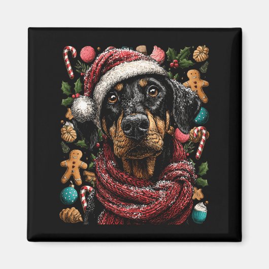 Festive Doberman With Santa Hat Snowy Winter Chris マグネット (正面)