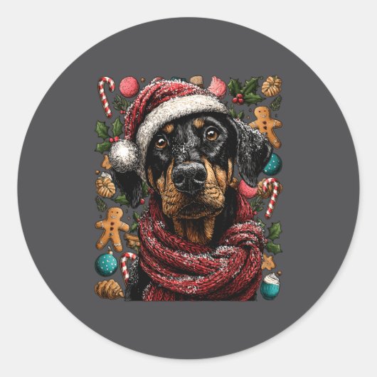Festive Doberman With Santa Hat Snowy Winter Chris ラウンドシール (正面)