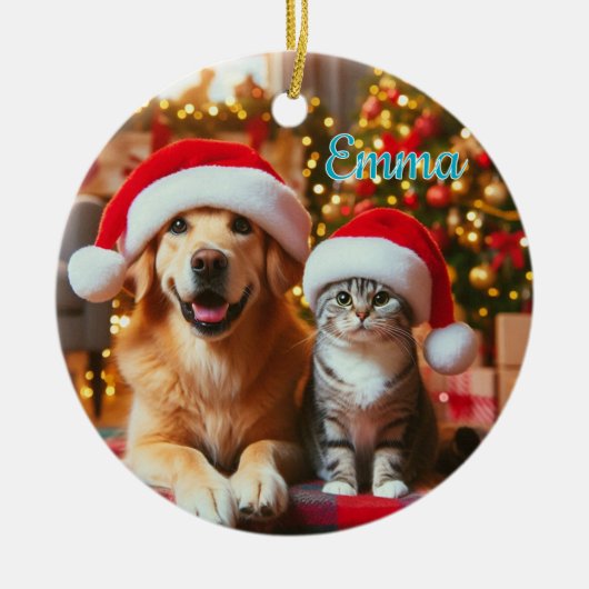 Festive Dog and Cat Christmas セラミックオーナメント (正面)