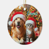 Festive Dog and Cat Christmas セラミックオーナメント (左)