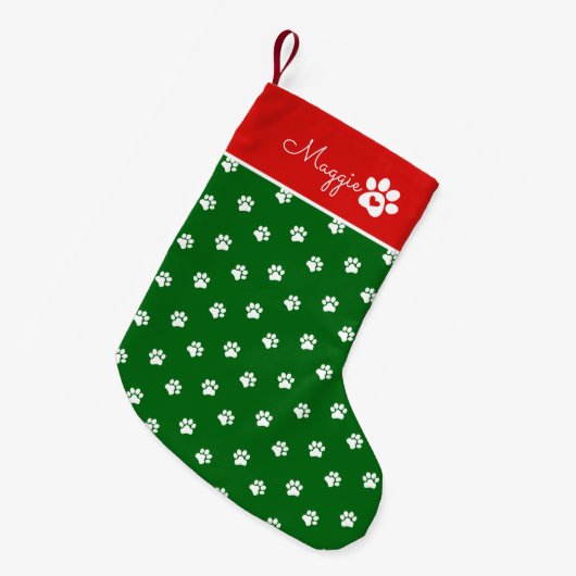 Festive Dog Paw Print  Custom Name スモールクリスマスストッキング (正面 (吊り時))