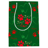 Festive DOG PAW PRINTS and LOVE HEARTS Christmas ミディアムペーパーバッグ (正面)