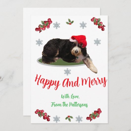 Festive dog wearing a Santa Hat Flat Holiday Card シーズンカード (正面/裏面)