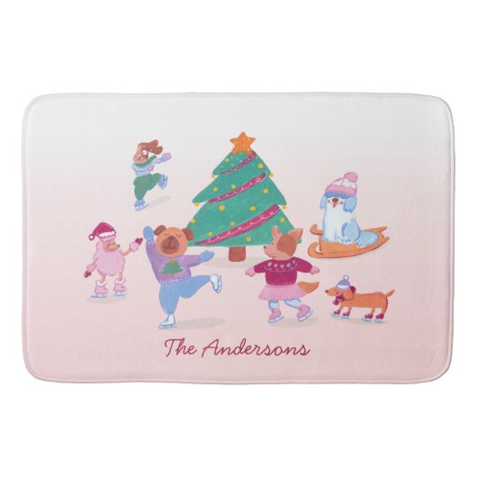 Festive Dogs Ice Skating Baby Pink Christmas バスマット (正面)