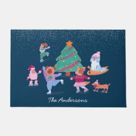 Festive Dogs Ice Skating Dark Blue Christmas ドアマット