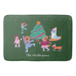 Festive Dogs Ice Skating Green Christmas バスマット