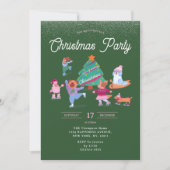 Festive Dogs Ice Skating Green Christmas Party 招待状 (正面)