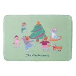 Festive Dogs Ice Skating Light Green Christmas バスマット