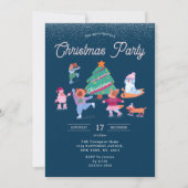 Festive Dogs Ice Skating Navy Blue Christmas Party 招待状 (正面)