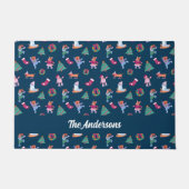Festive Dogs Ice Skating Pattern Dark Blue ドアマット (正面)
