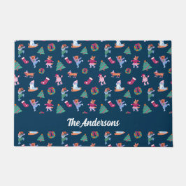 Festive Dogs Ice Skating Pattern Dark Blue ドアマット