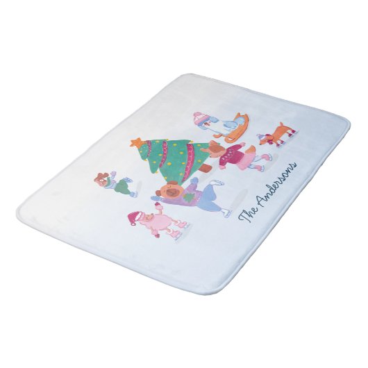 Festive Dogs Ice Skating Soft light Blue Christmas バスマット (アングル)