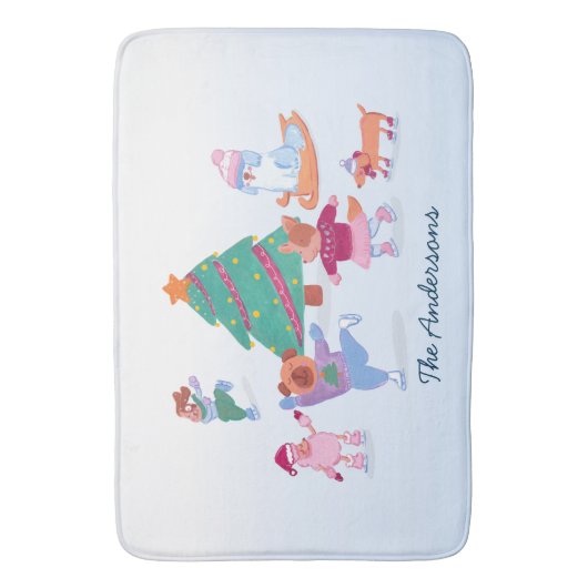 Festive Dogs Ice Skating Soft light Blue Christmas バスマット (正面縦)