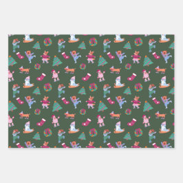 Festive Dogs IceSkating Red Green Yellow Christmas ラッピングペーパーシート
