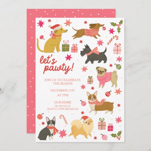 Festive Dogs Pink Christmas Party Invitation 招待状 (正面/裏面)