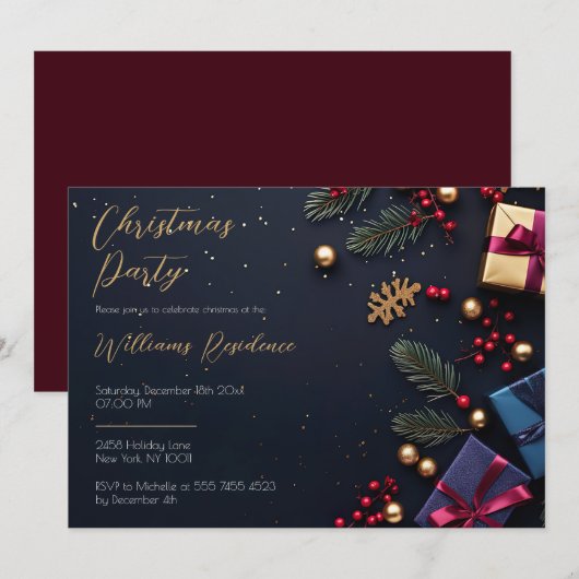 Festive Elegant Christmas Party Invitation 招待状 (正面/裏面)