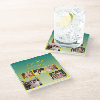 Festive Family Collage with Gold Script ガラスコースター