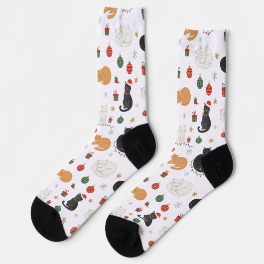 Festive Feline Christmas Holiday Pattern Socks ソックス (左)