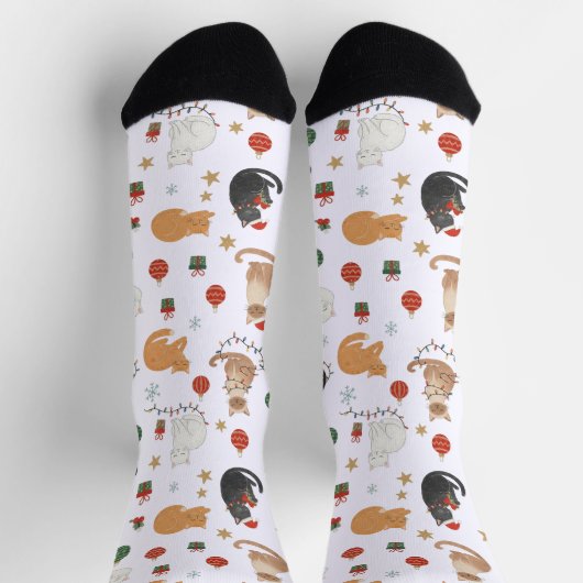 Festive Feline Christmas Holiday Pattern Socks ソックス (上部)