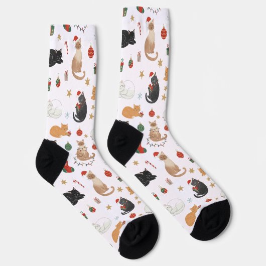 Festive Feline Christmas Holiday Pattern Socks ソックス (右)