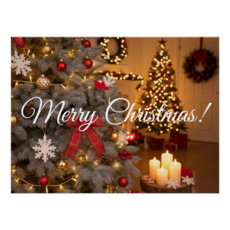 Festive fir trees decorated with garlands  ポスター