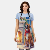 Festive Fireplace Boxer Christmas Art エプロン (着用した状態)