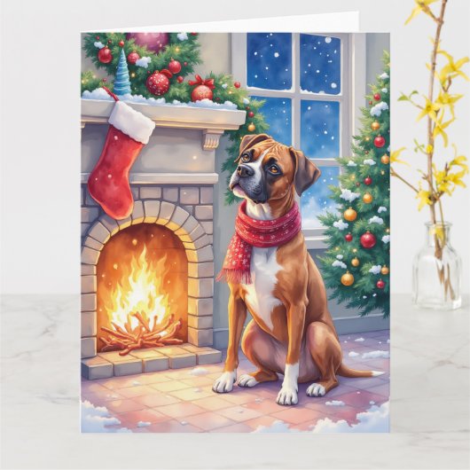 Festive Fireplace Boxer Christmas Art カード (黄色い花)