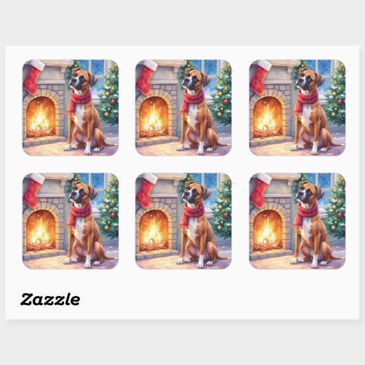 Festive Fireplace Boxer Christmas Art スクエアシール (シート)