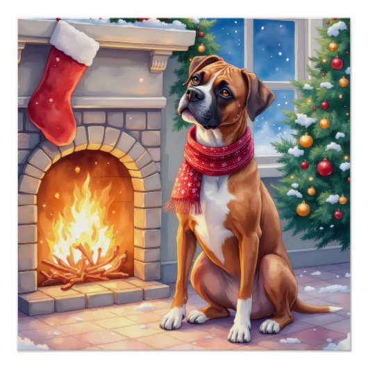 Festive Fireplace Boxer Christmas Art ポスター (正面)