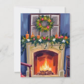 Festive Fireplace Christmas Wreath Watercolor シーズンカード (正面)